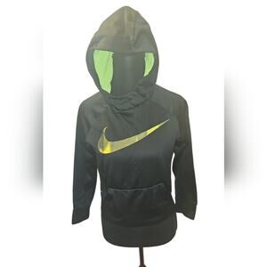 Nike Dri-FIT Black Hoodie W Metallic Gold Swoosh & Green Hood Lining Size Boys M